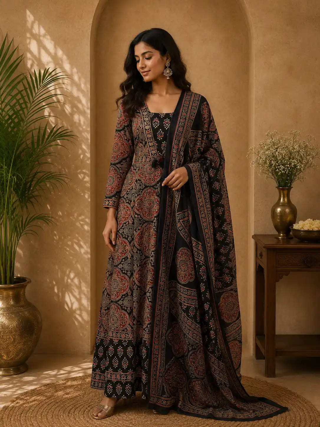Black Ajrakh Printed Design Cotton Anarkali Salwar Suit with Dupatta